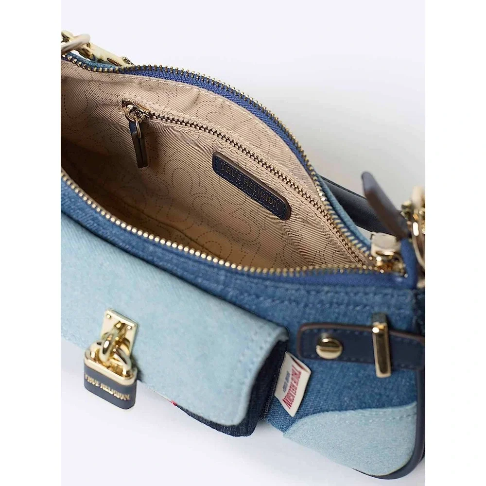 True Religion Patchwork Denim Shoulder Bag Y2K Mini Bag Blue Gold Hardware